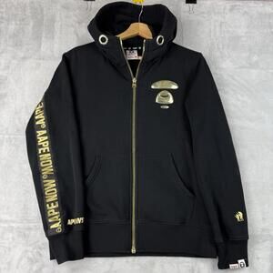 AAPE By A Bathing Ape Zip Hoodie Black Gold Logo Streetwear Jacket Men M Y2K Pop